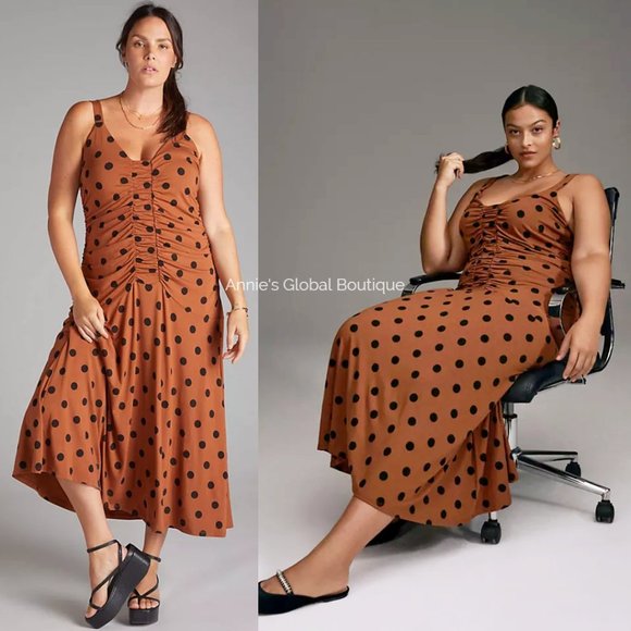 RARE NWT ANTHROPOLOGIE Maeve Ruched Polka Dot Midi Dress. Size L - Picture 14 of 16